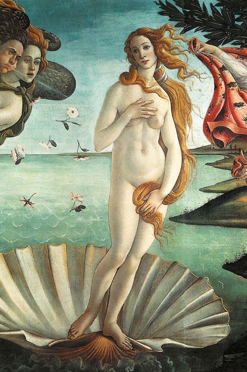 The Birth of Venus‘ 1486: painting by the Italian Renaissance painter Sandro Botticelli c. 1445 – 1510. It depicts the goddess Venus, having emerged from the sea as a full grown woman, arriving at the sea-shore.